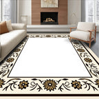 Cream Black Floral Vine Border Rug