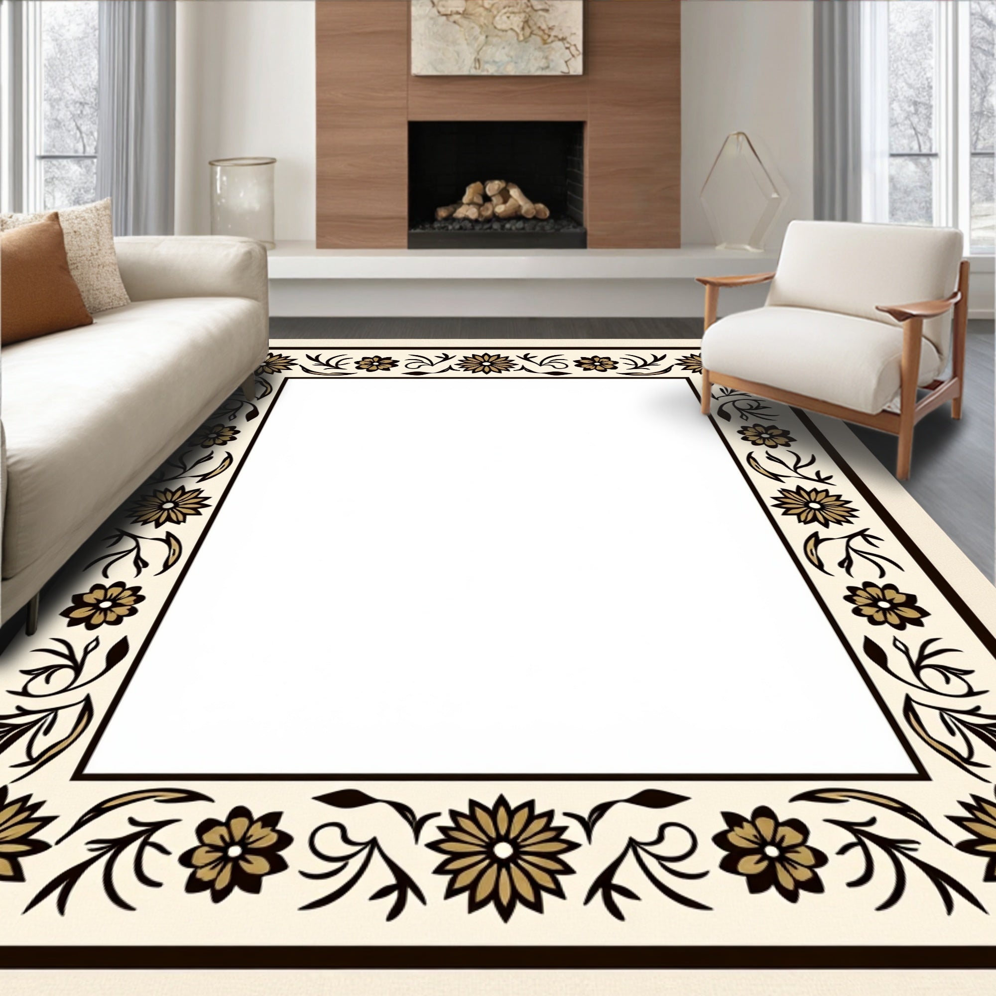 Cream Black Floral Vine Border Rug