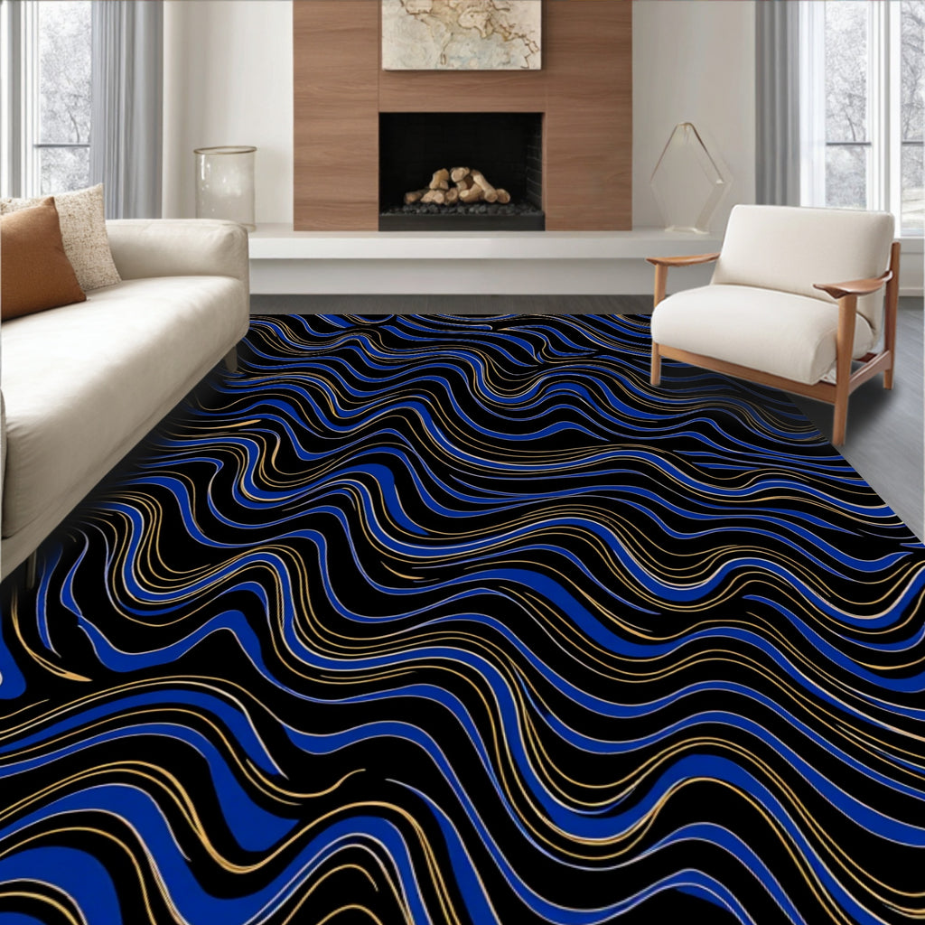 Bold Blue Golden Wave Abstract Rug