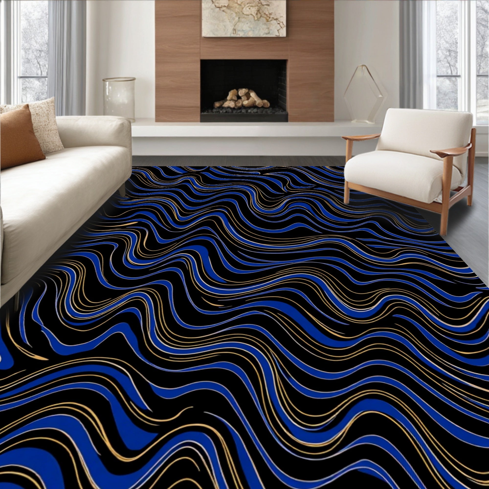 Bold Blue Golden Wave Abstract Rug