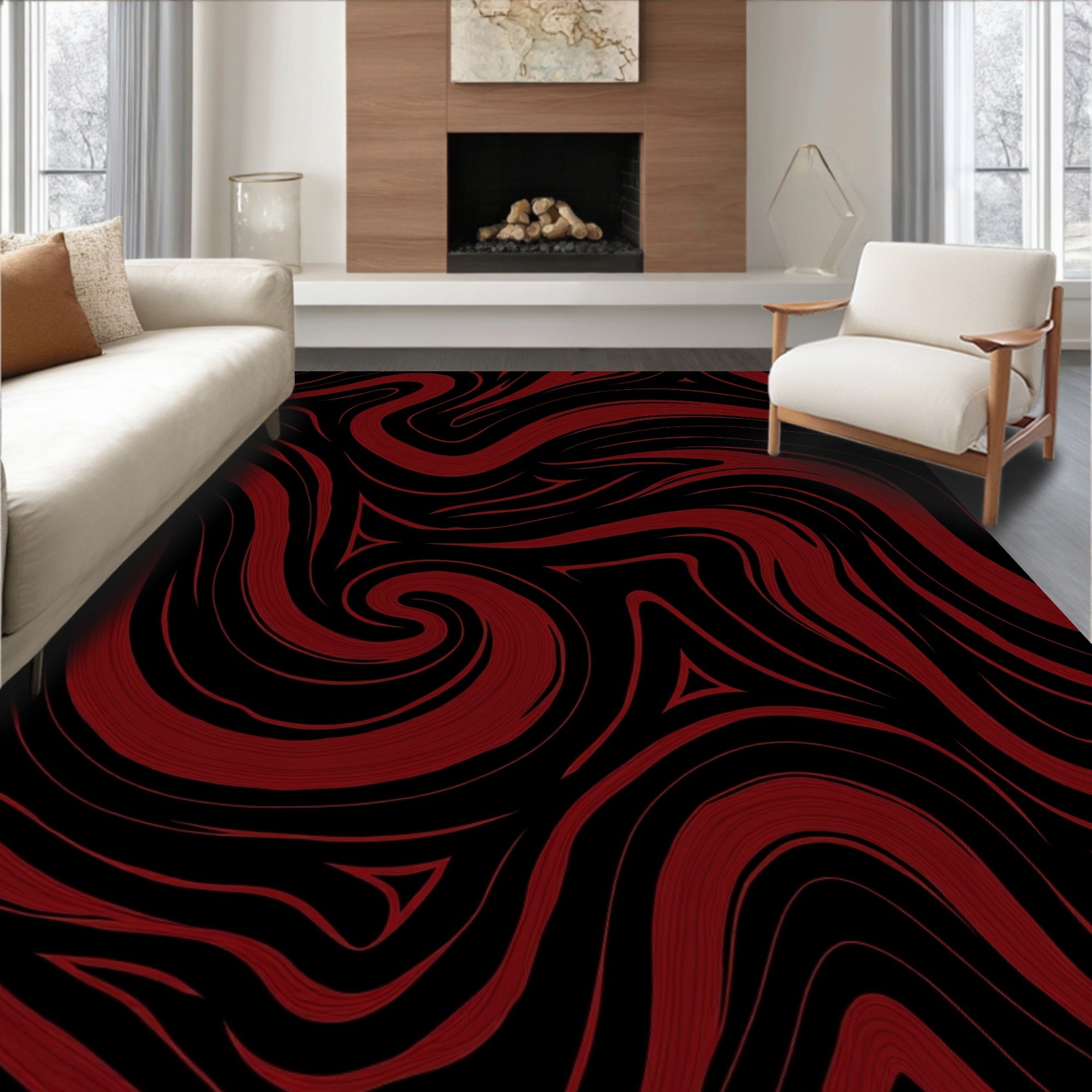 Crimson Swirl Abstract Lines Rug