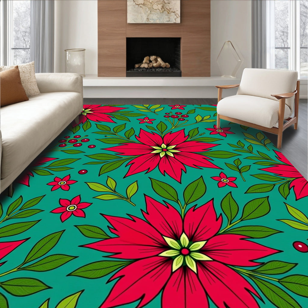 Vibrant Red Poinsettia Teal Floral Rug
