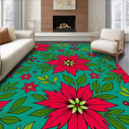Vibrant Red Poinsettia Teal Floral Rug