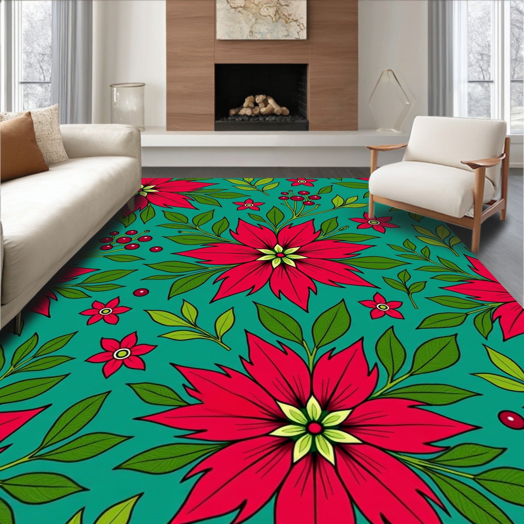 Vibrant Red Poinsettia Teal Floral Rug