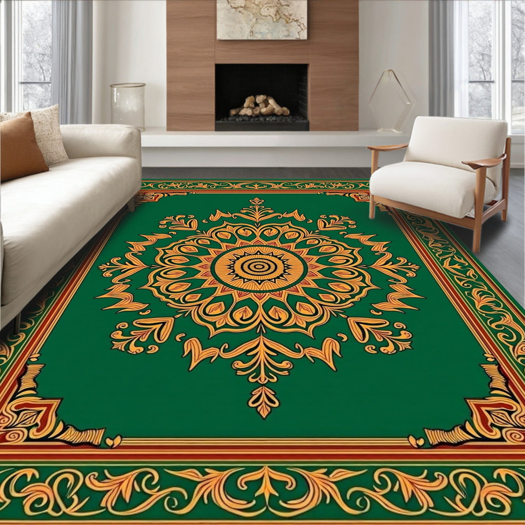 Emerald Green Floral Medallion Border Rug