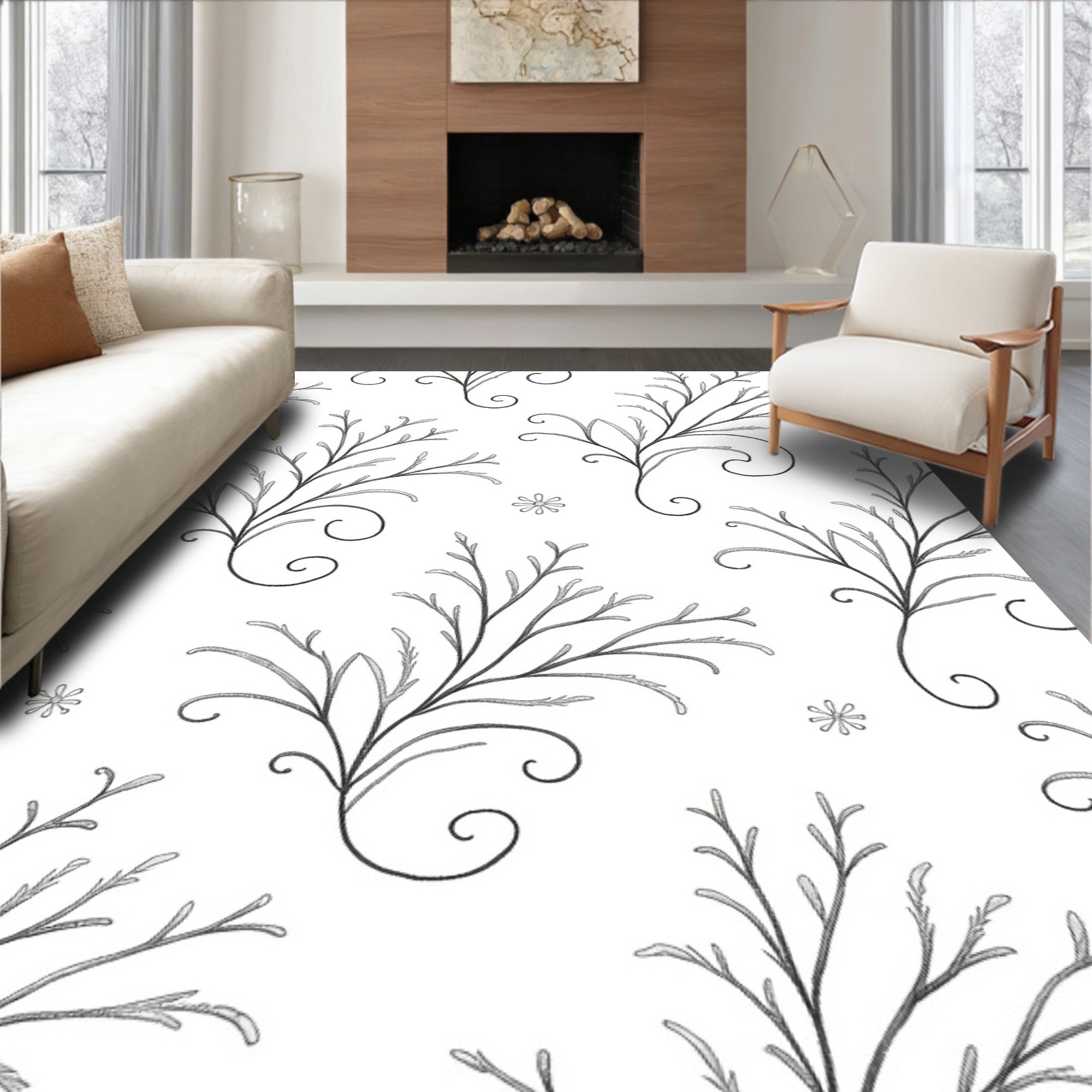 Delicate Black Floral Swirl Whimsical Art Rug