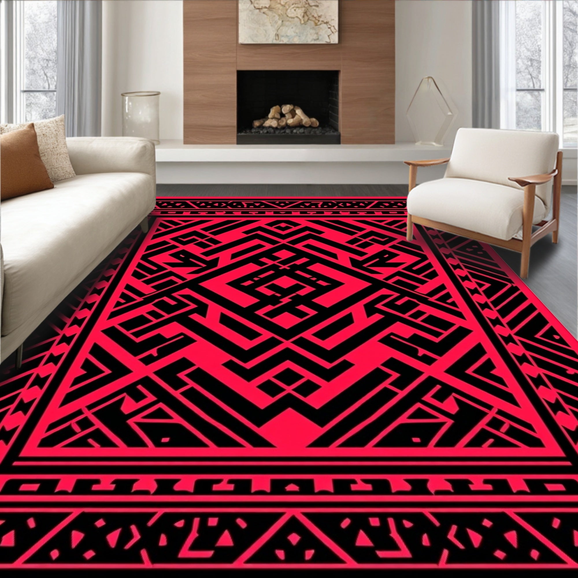 Crimson Geometric Labyrinth Art Rug