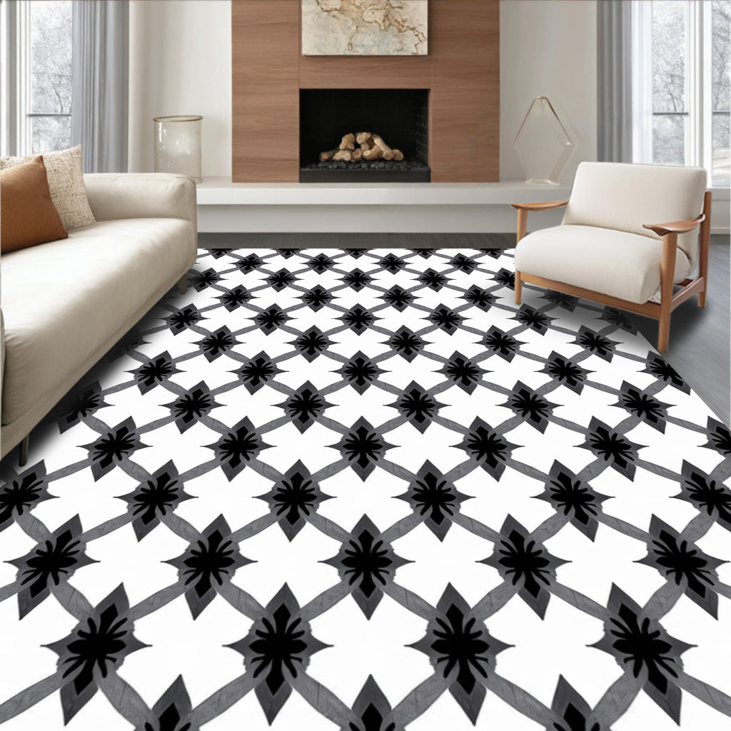 Black Gray Lattice Fleur de Lis Rug