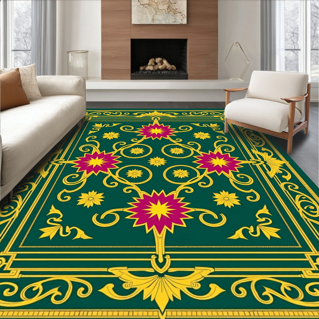 Emerald Green Floral Starburst Border Rug