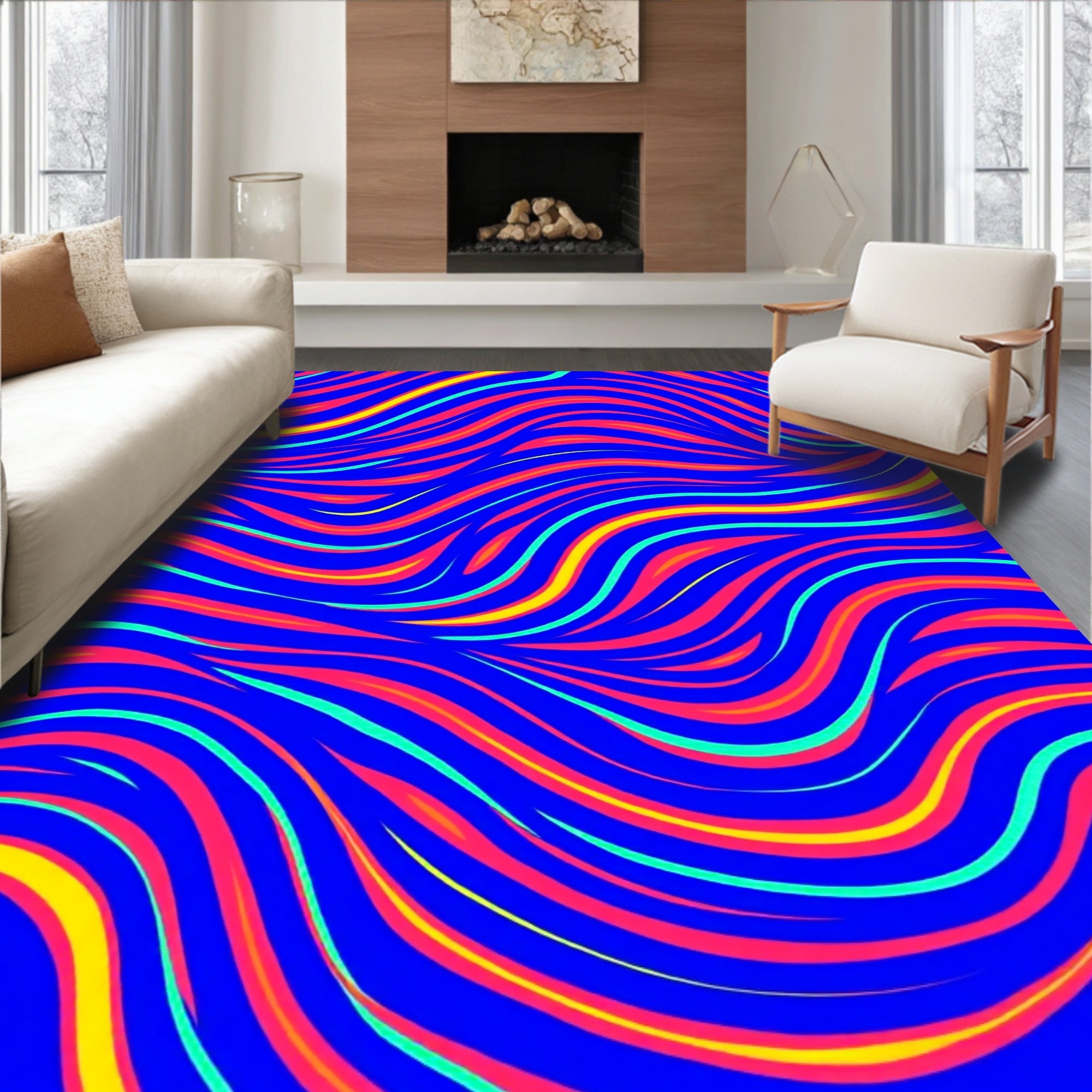 Vibrant Royal Blue Wavy Stripe Rug
