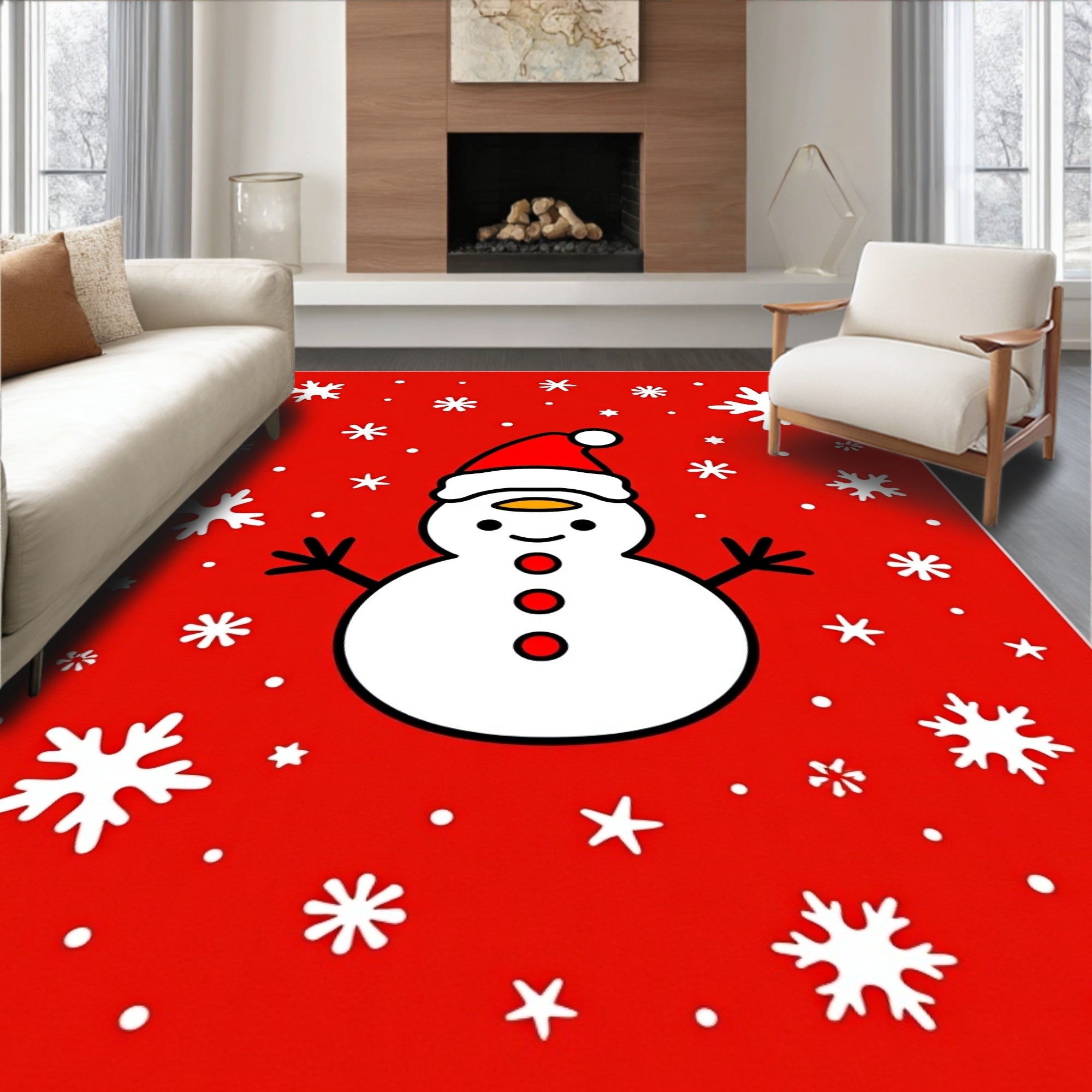 Festive Snowman and Snowflakes Red Rug