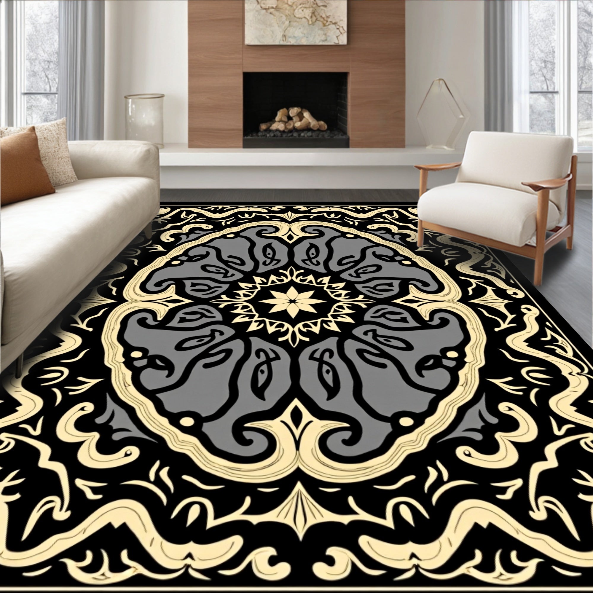 Intricate Gray Black Archway Floral Rug