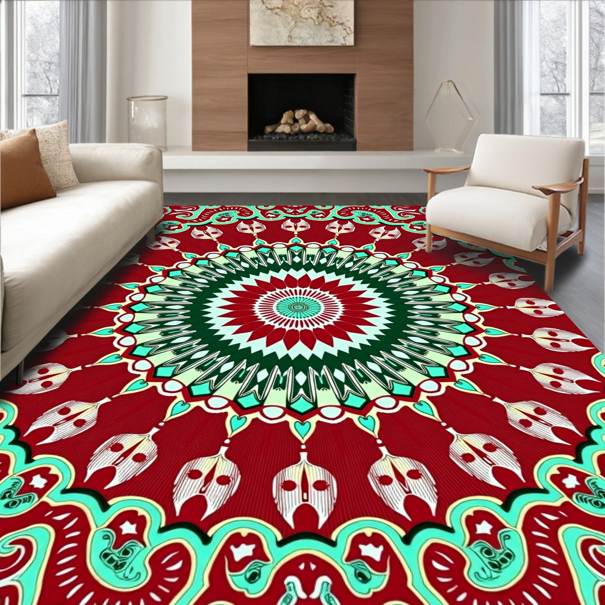 Crimson Emerald Teal Mandala Medallion Rug