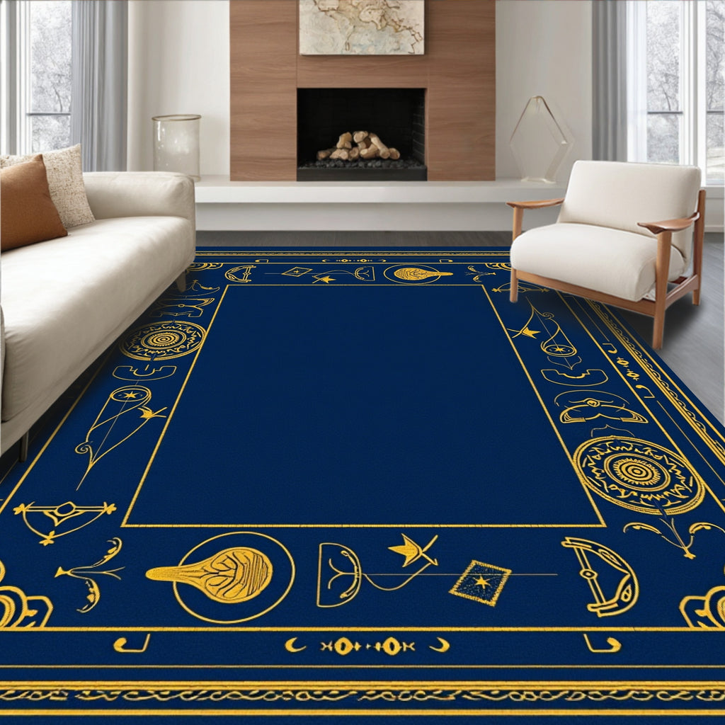 Golden Mystic Symbols Blue Border Rug