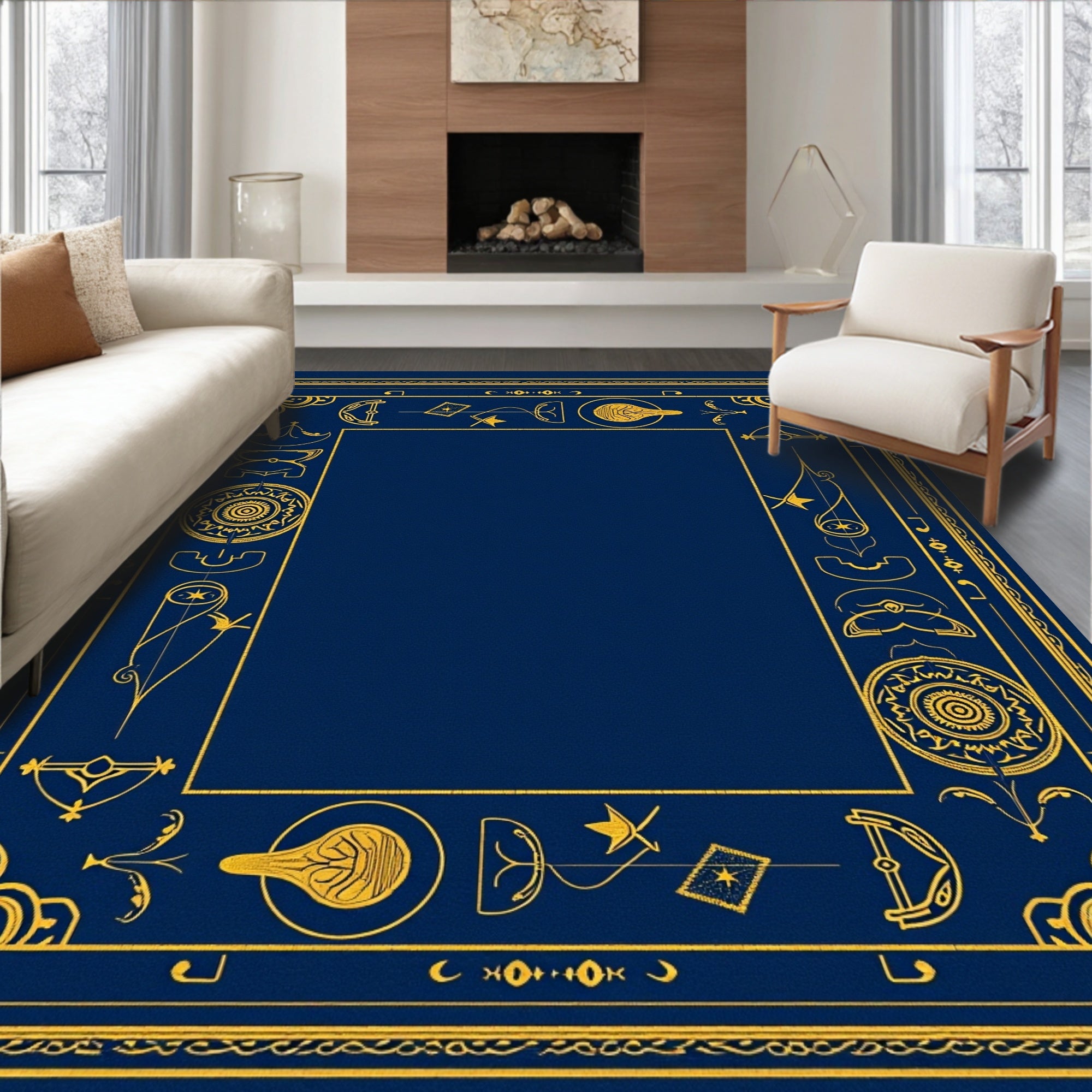 Golden Mystic Symbols Blue Border Rug