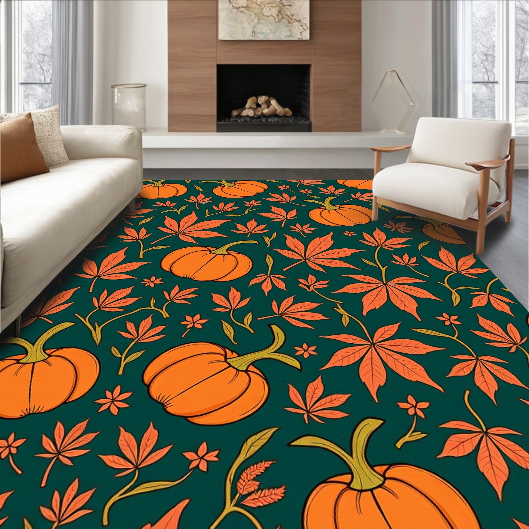 Autumn Pumpkin Leaf Medallion Rug