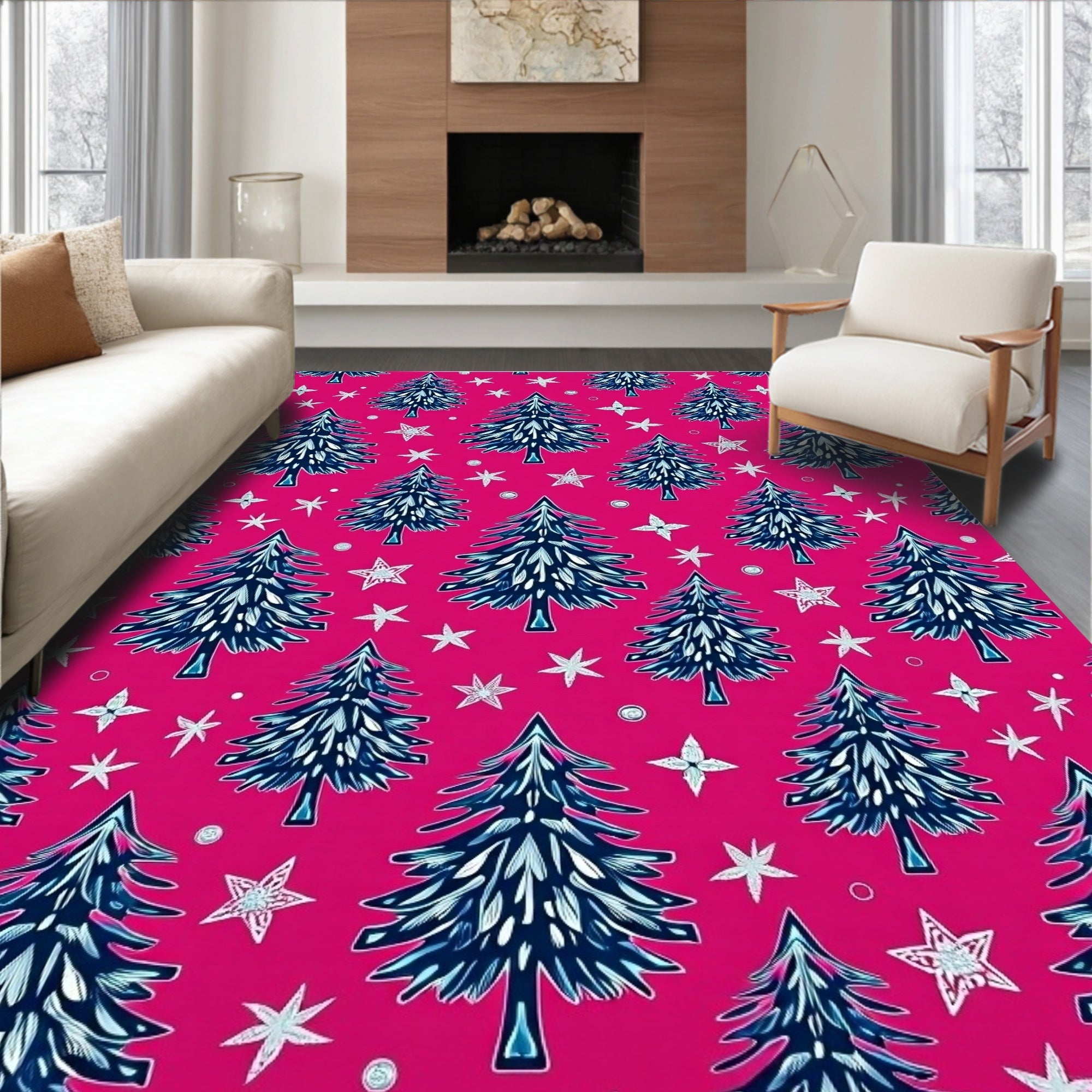 Vibrant Pink Evergreen Starry Night Rug