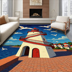 Seagulls Above Coastal Lighthouse Scene Rug