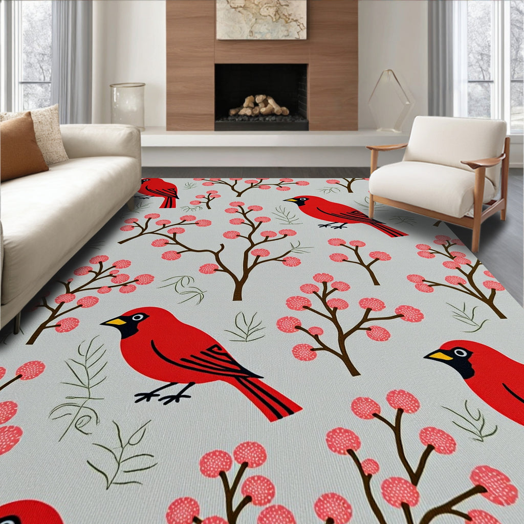 Crimson Cardinals Pink Berry Branches Rug