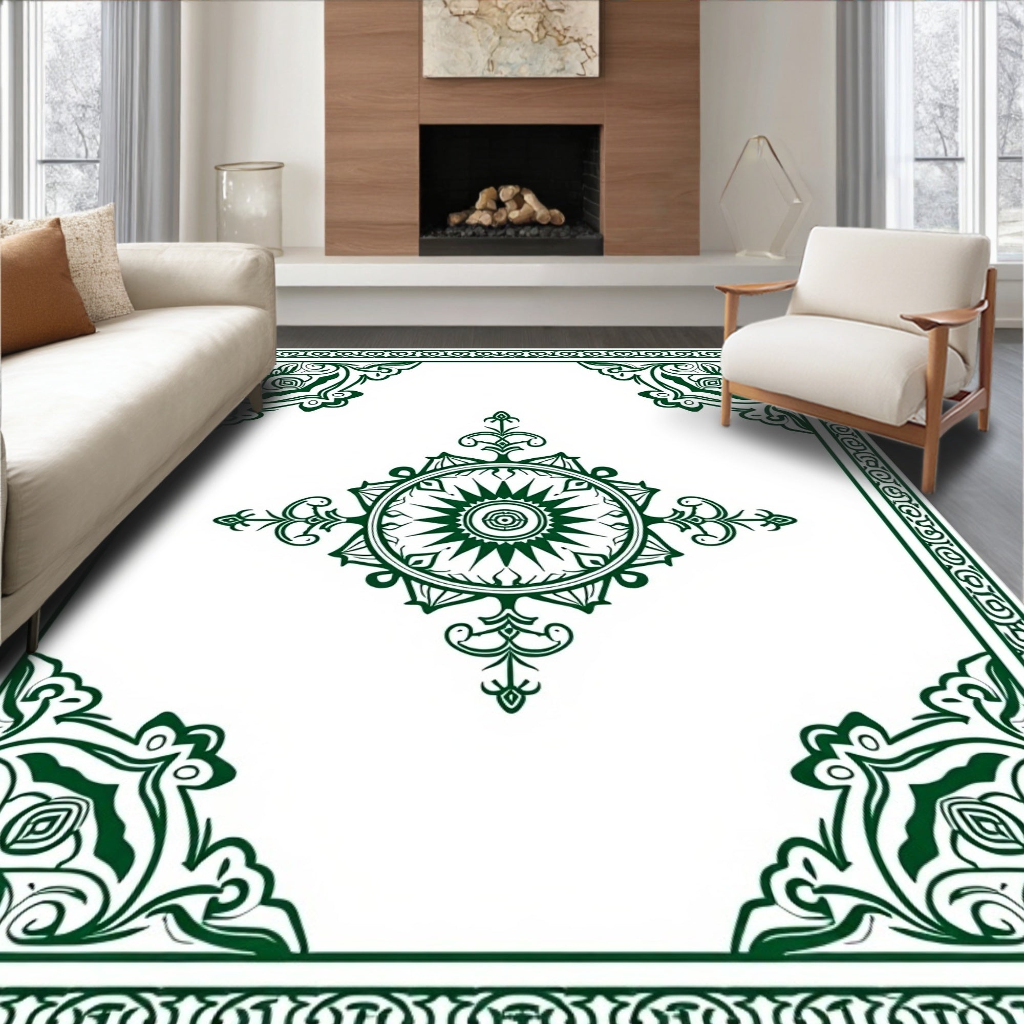 Dark Green Geometric Mandala Ornament Rug