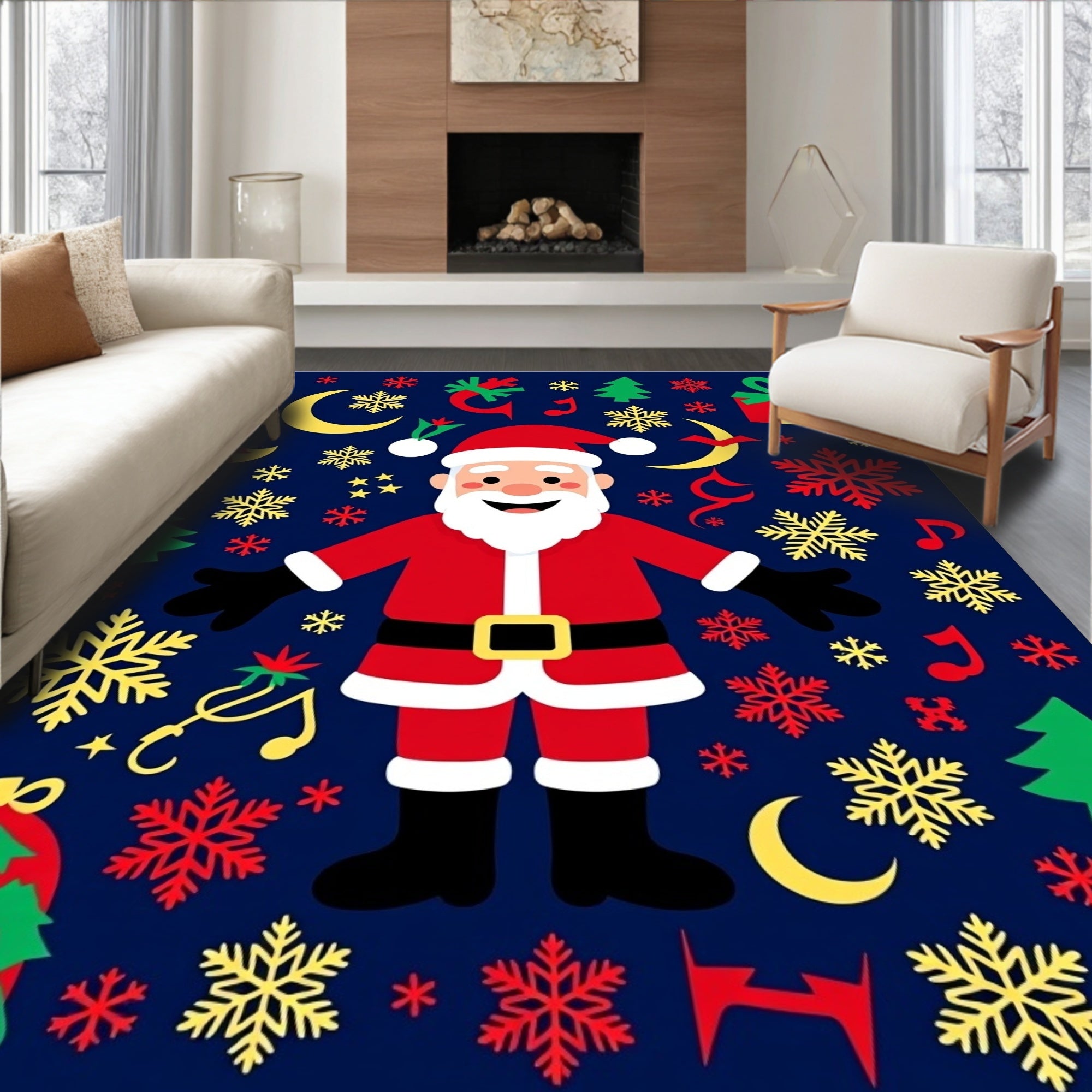 Whimsical Santa Claus Christmas Snowflakes Rug