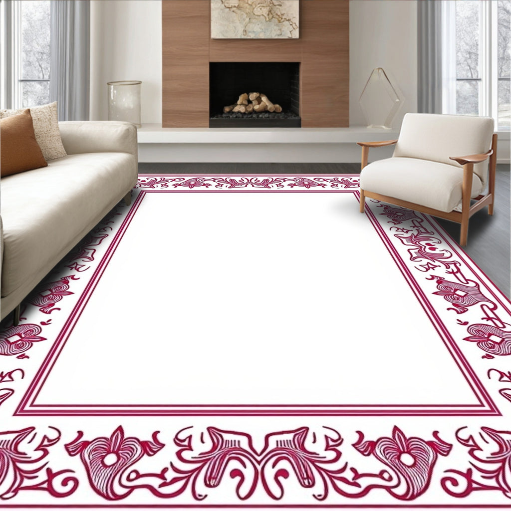 Crimson Elaborate Floral Border Rug