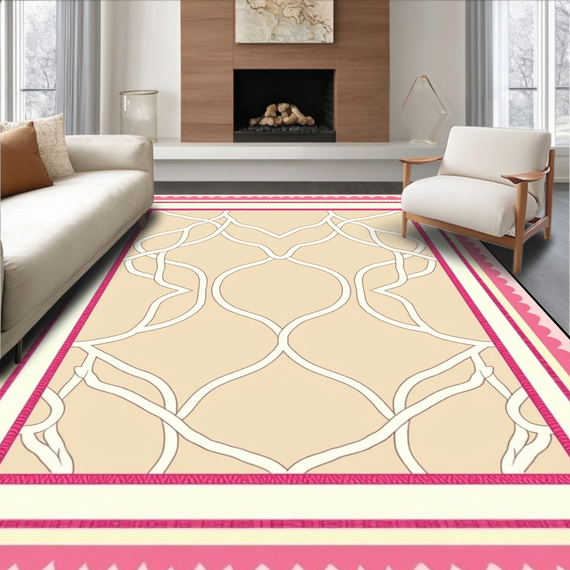 Pink Beige Interlocking Chain Border Rug