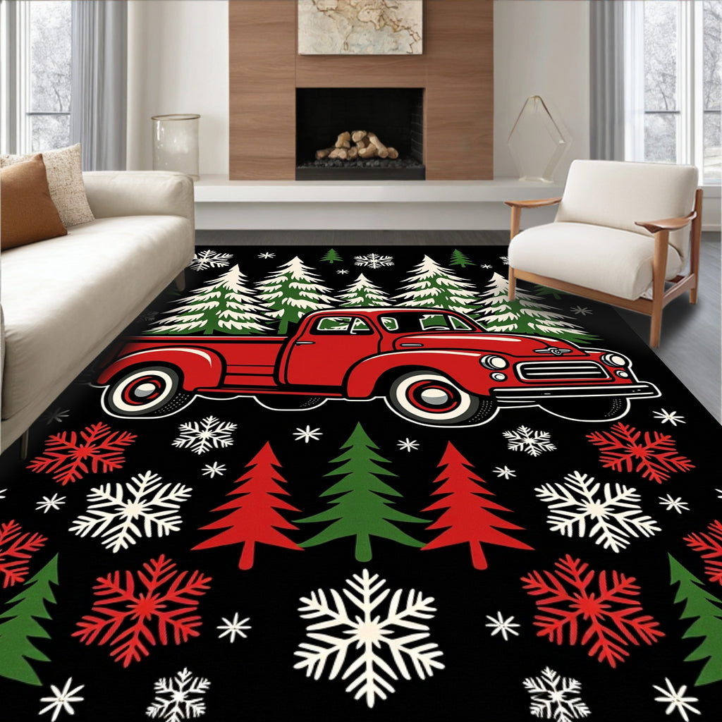 Vintage Red Truck Christmas Trees Snowflakes Rug