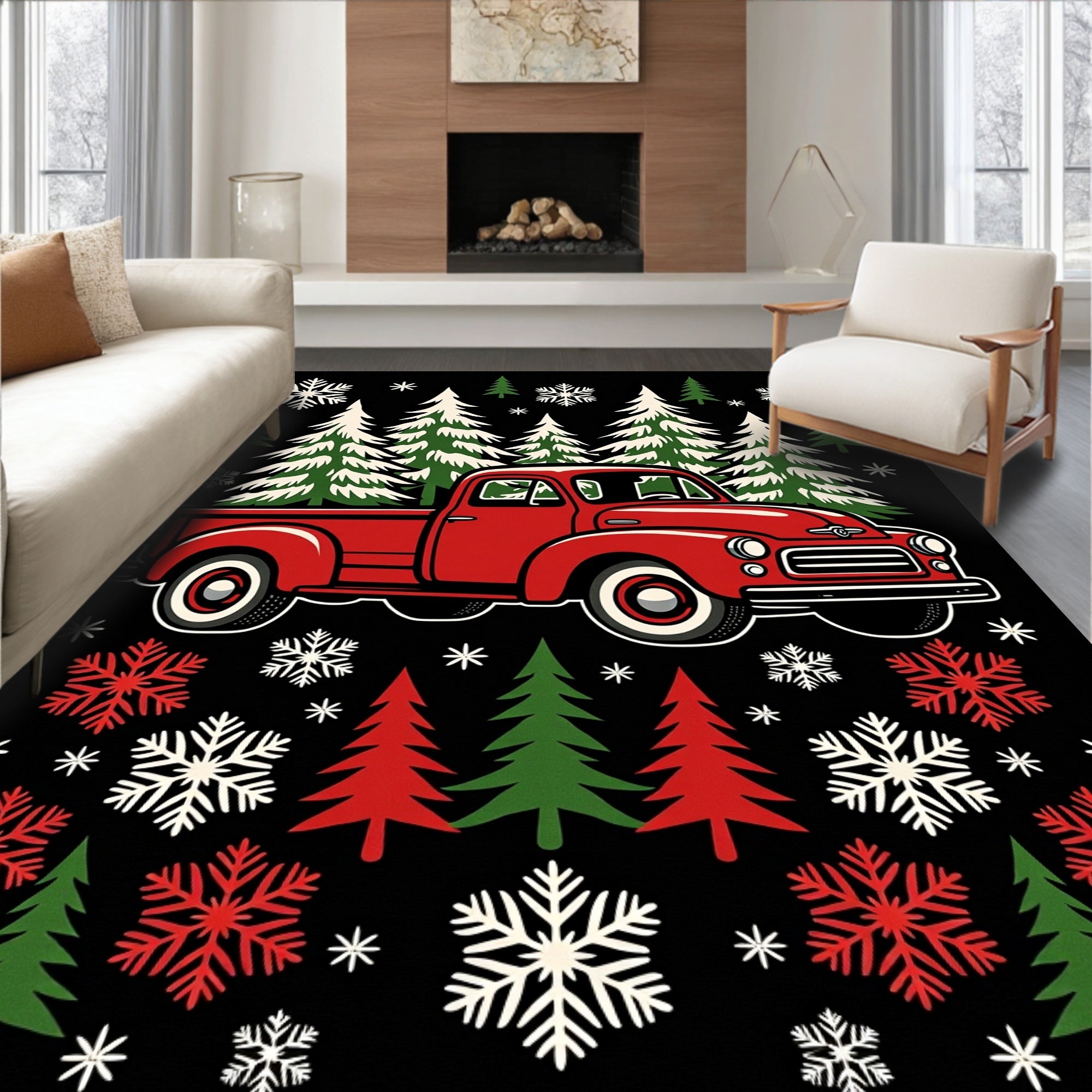 Vintage Red Truck Christmas Trees Snowflakes Rug