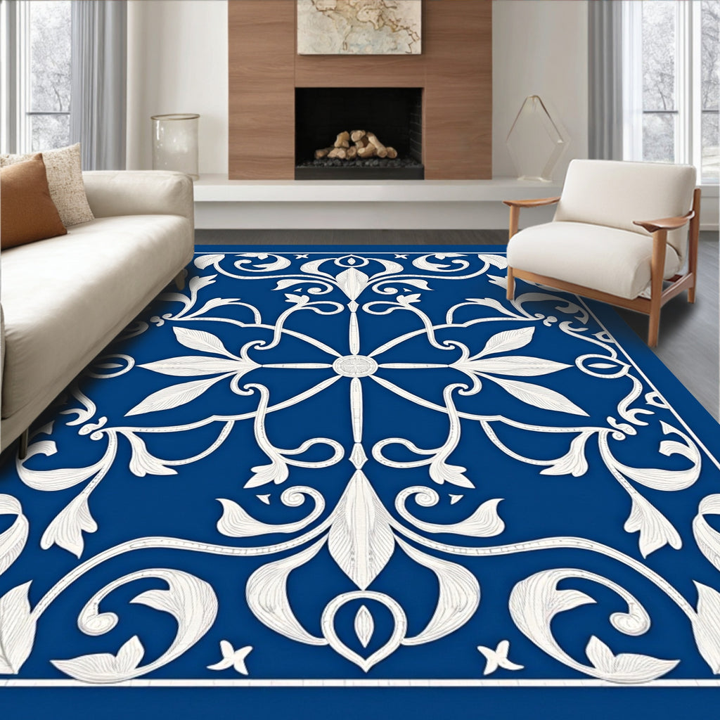 Classic White Floral Blue Medallion Rug