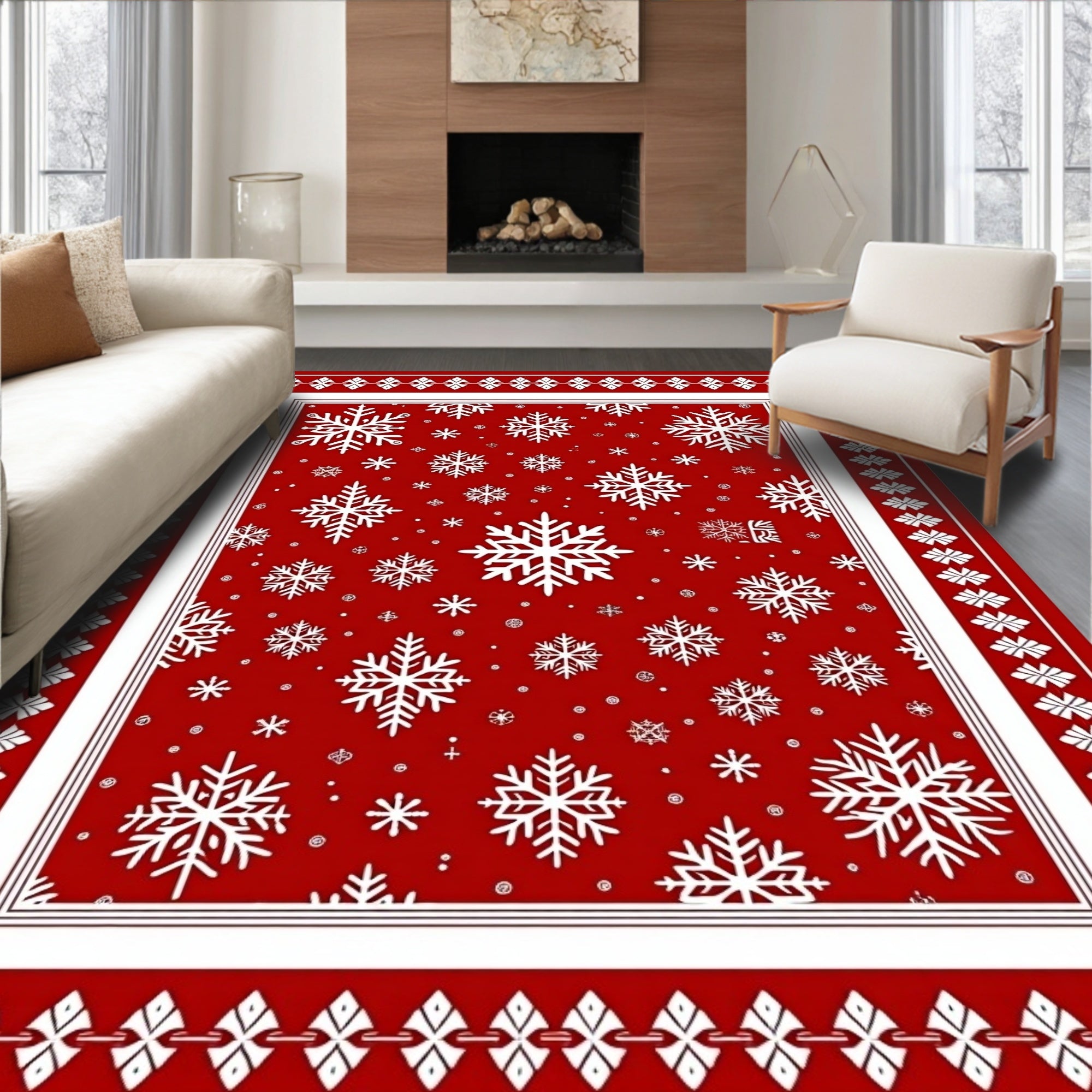Festive Red Snowflakes Border Rug