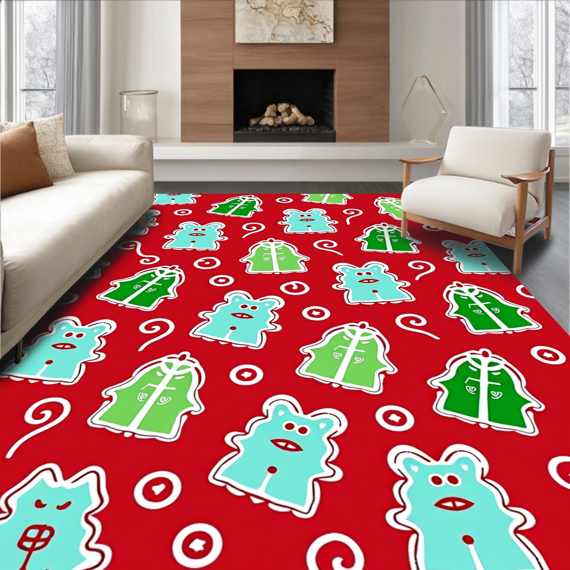 Whimsical Red Cartoon Creatures Swirl Rug