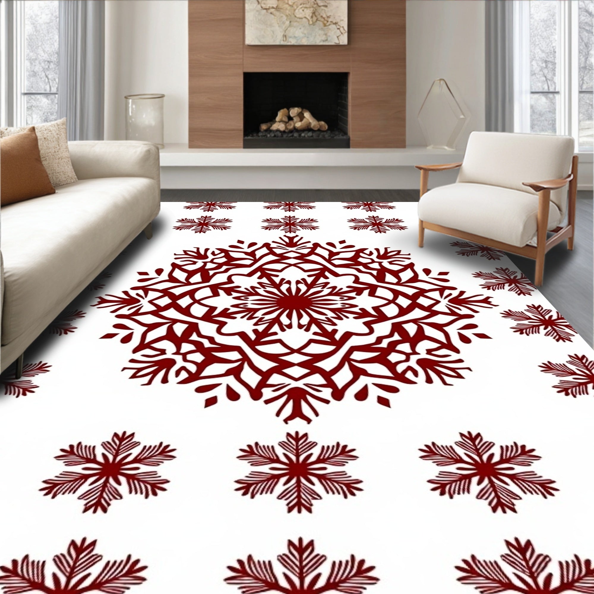 Crimson Snowflake Mandala Arrangement Rug