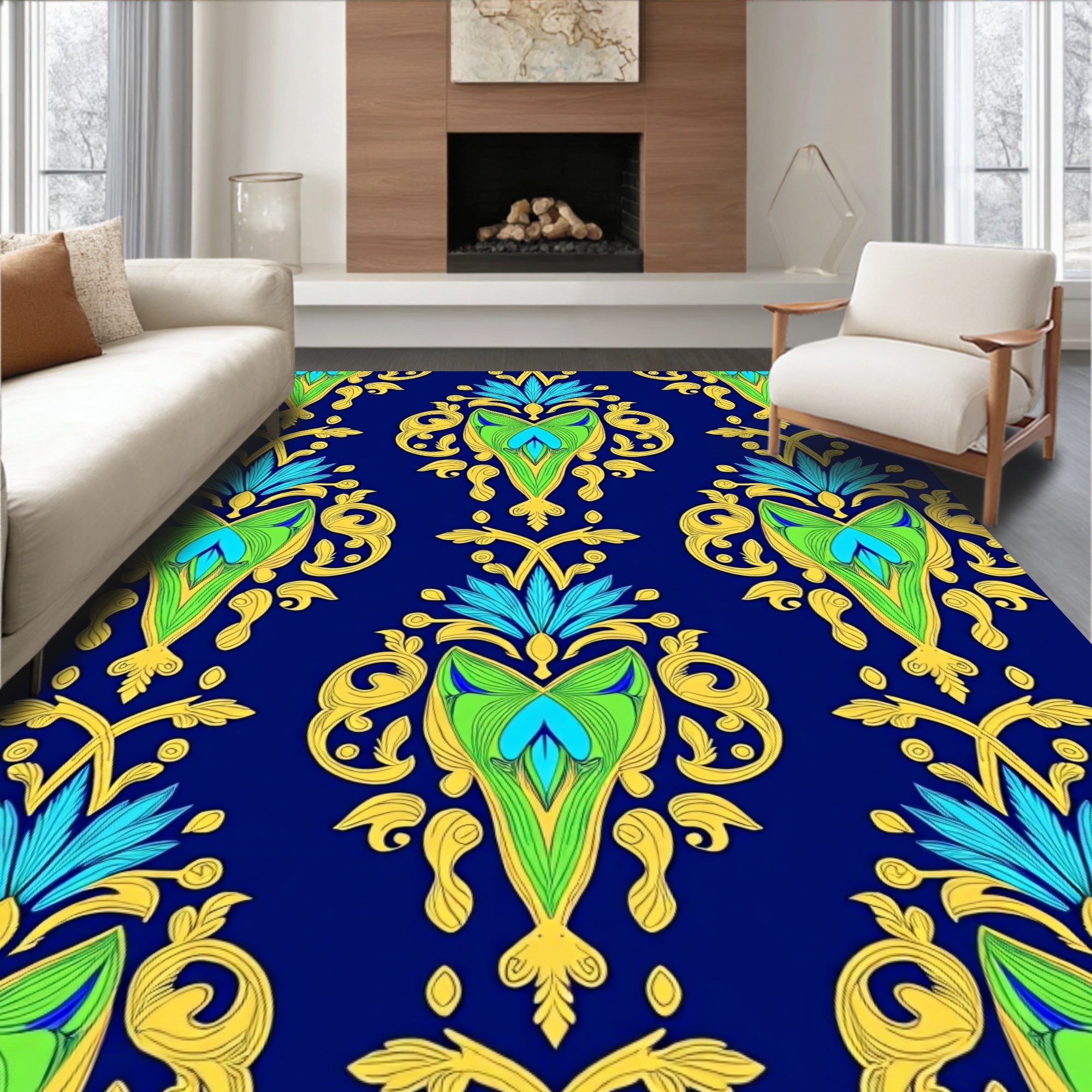 Ornate Blue Green Yellow Floral Medallions Rug