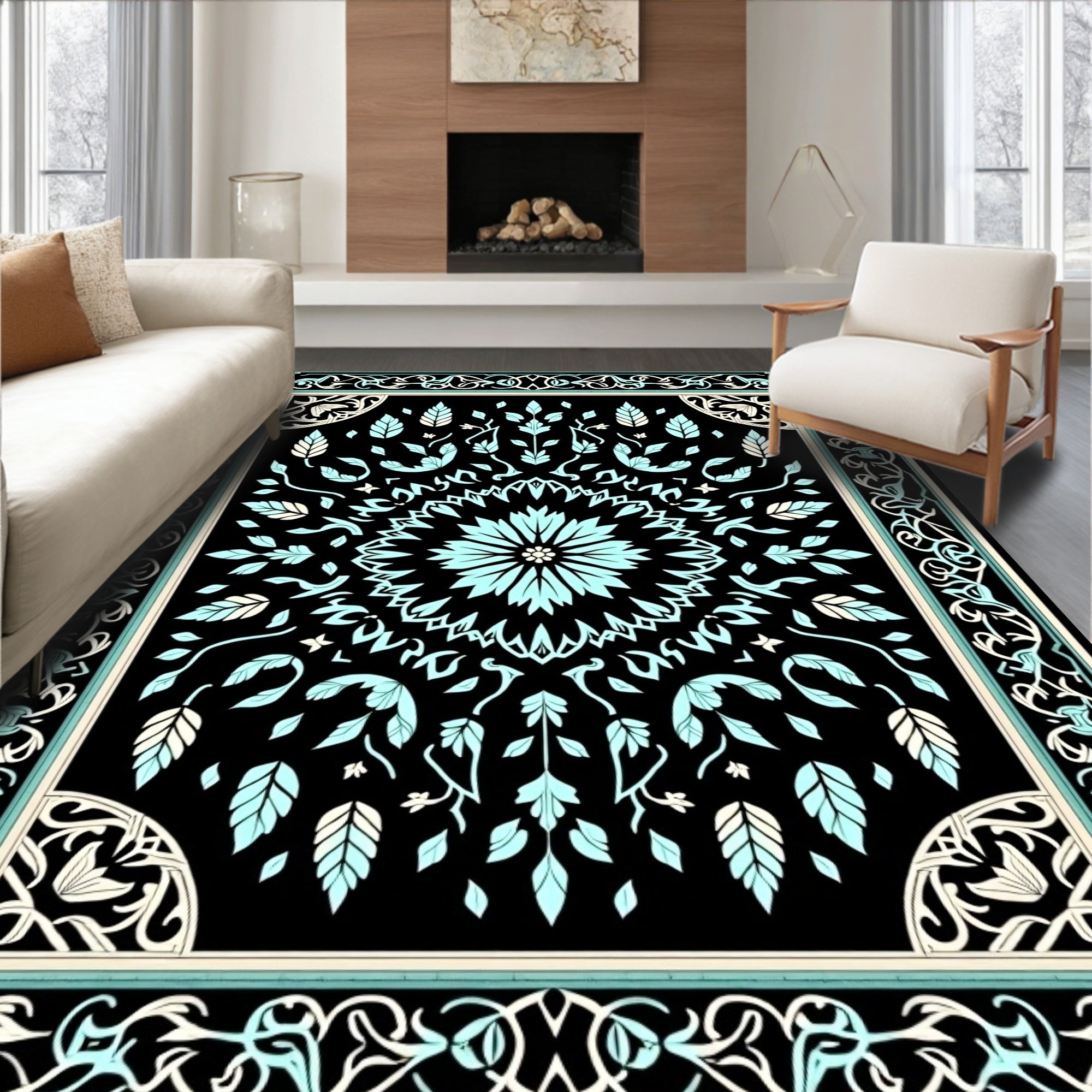 Art Nouveau Teal Floral Centerpiece Rug