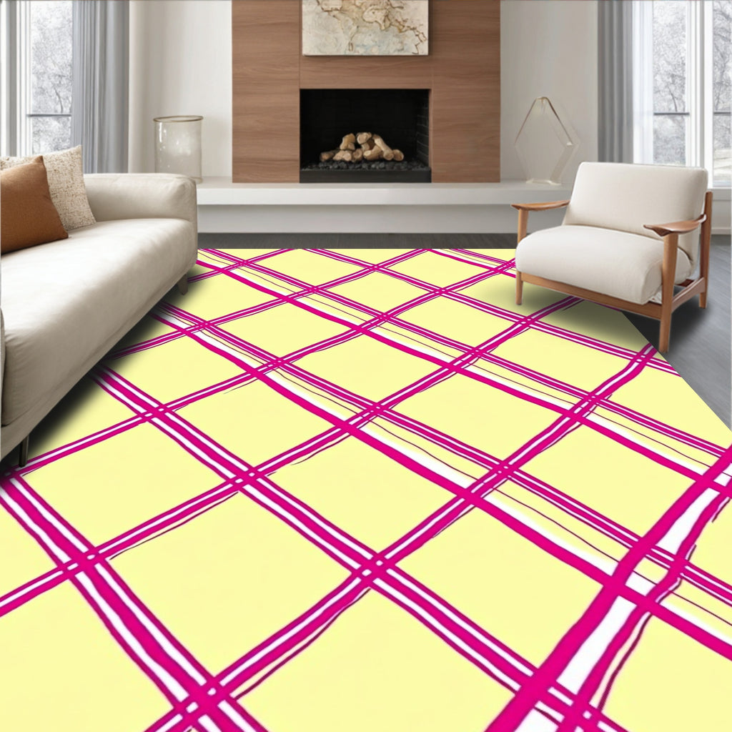 Bright Pink Diagonal Plaid Lines Rug