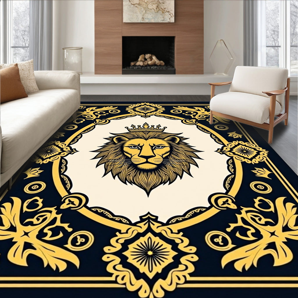 Regal Lion With Crown Black Gold Rug