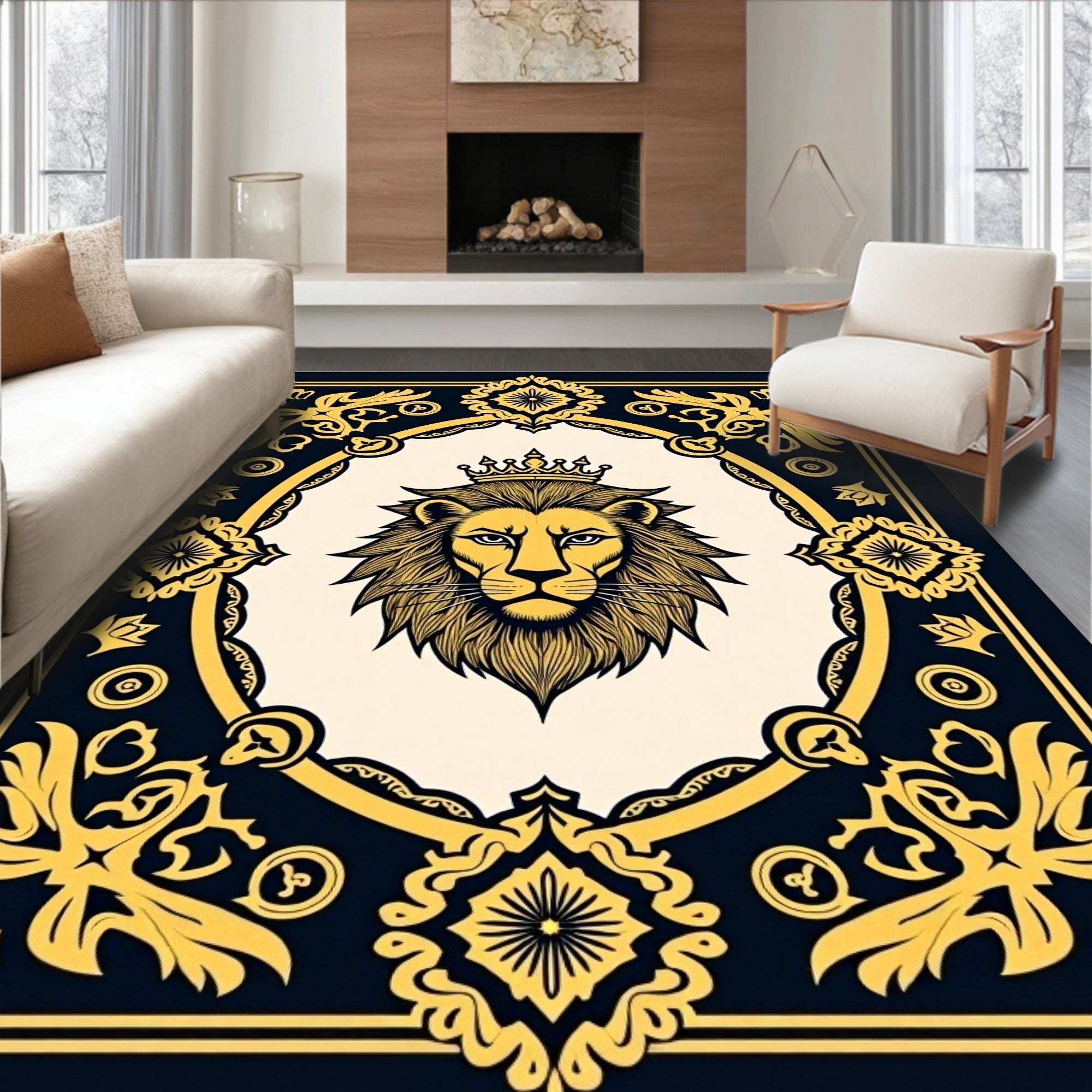 Regal Lion With Crown Black Gold Rug
