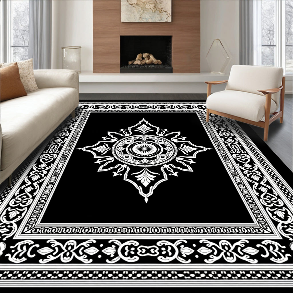 Black White Ornate Medallion Border Rug