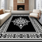 Black White Ornate Medallion Border Rug