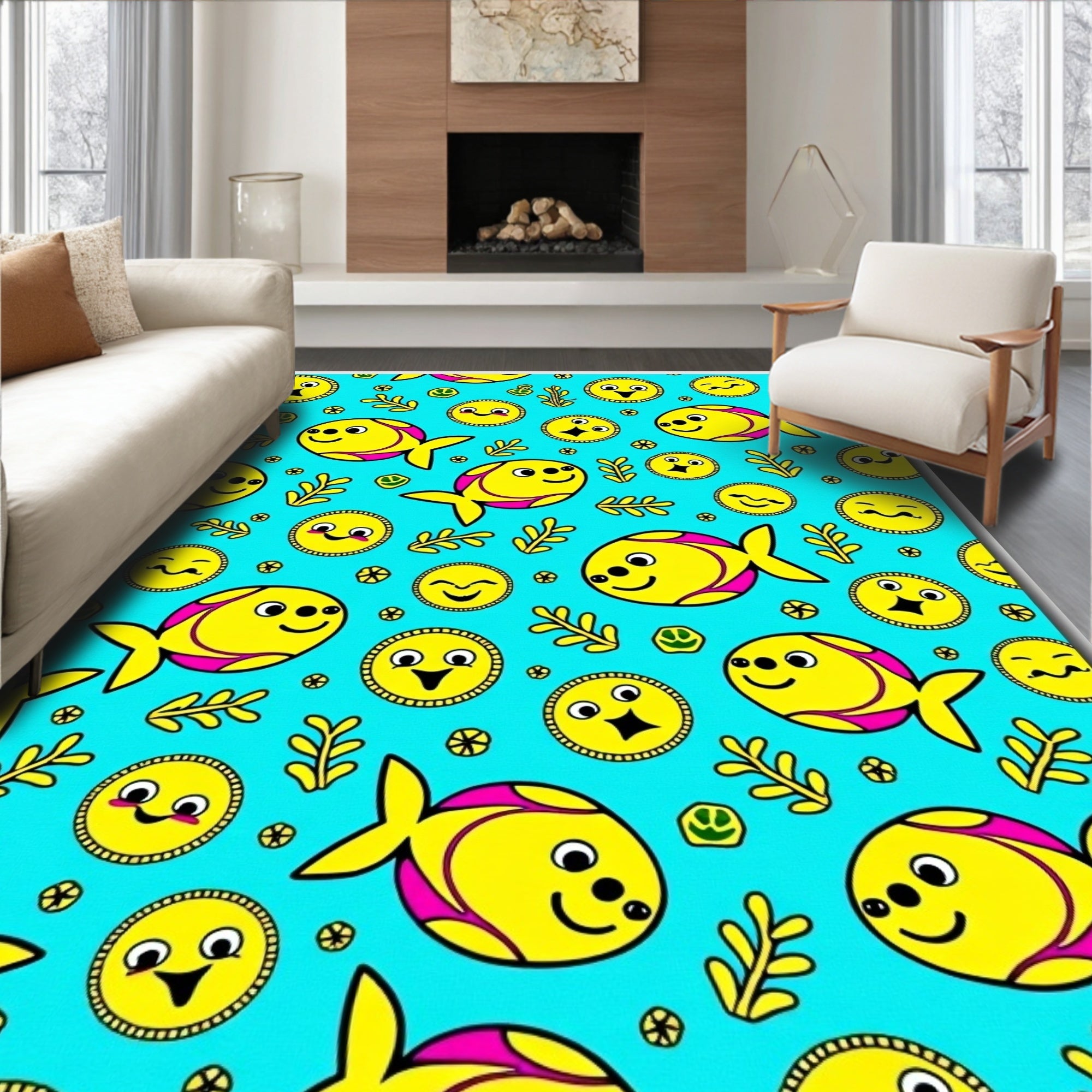 Charming Yellow Fish Aquatic Whimsy Rug
