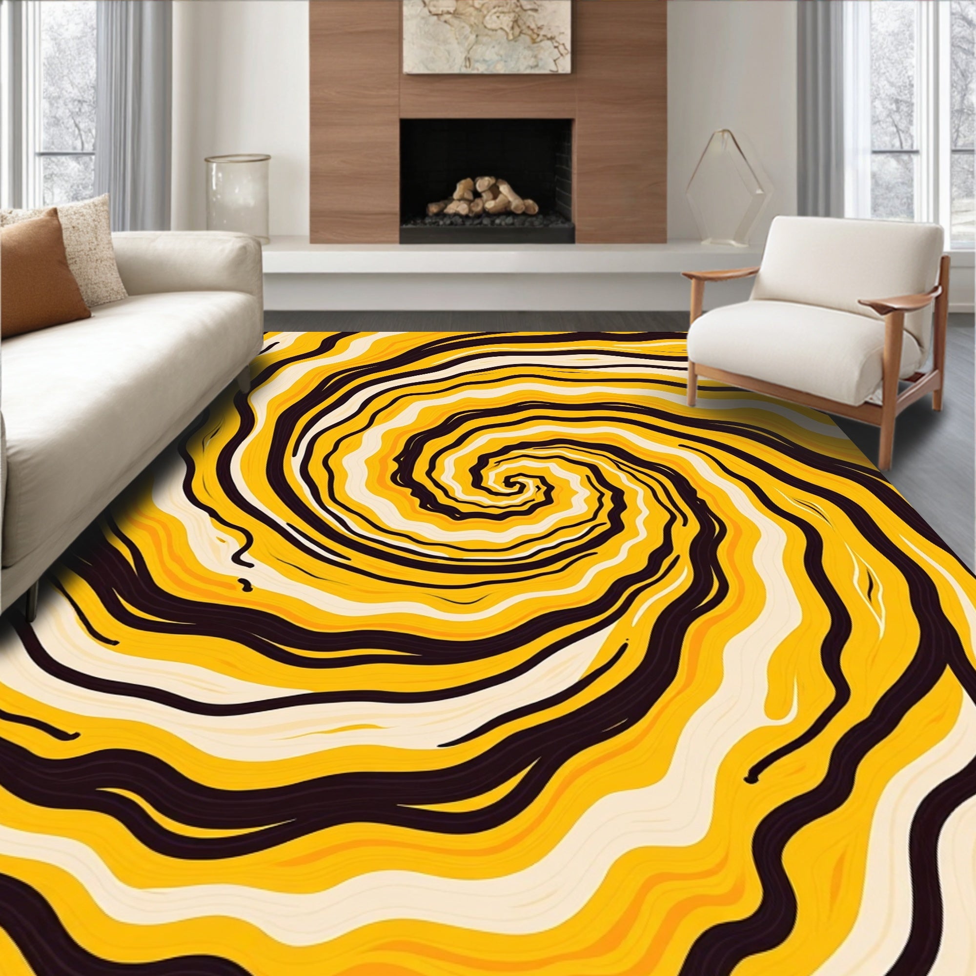 Swirling Yellow Black Cream Vortex Rug