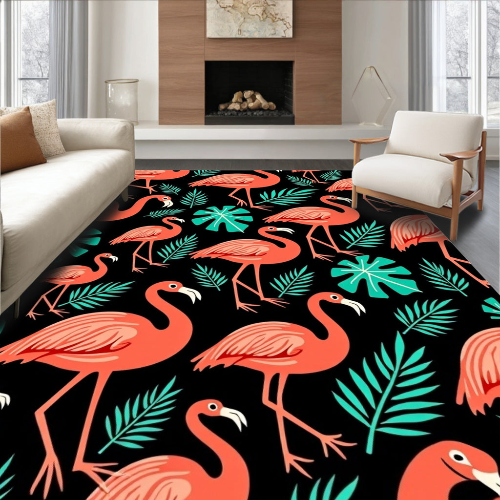 Coral Flamingo Tropical Leaf Black Rug