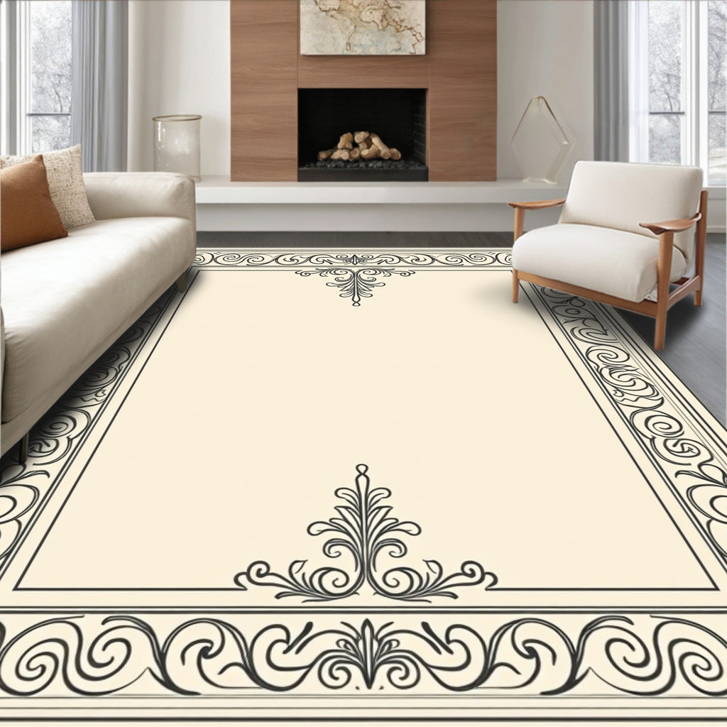 Elegant Black Scroll Border Cream Rug