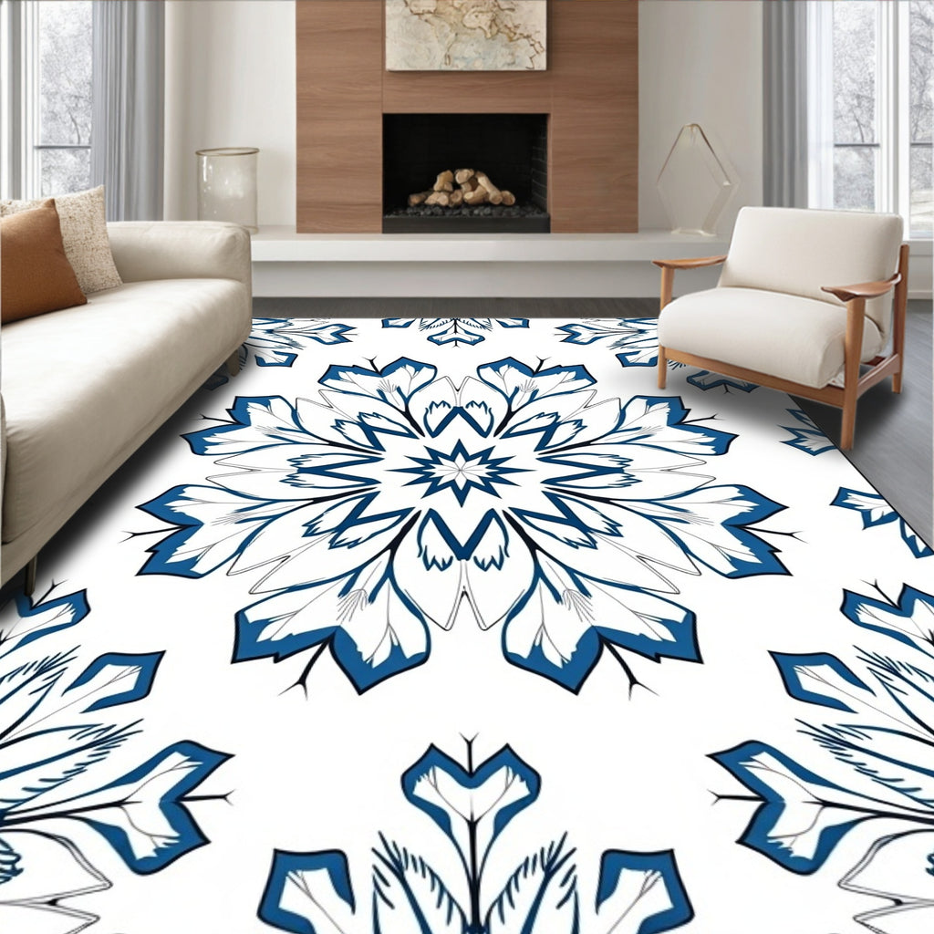 Deep Blue Radial Leaf Mandala Rug