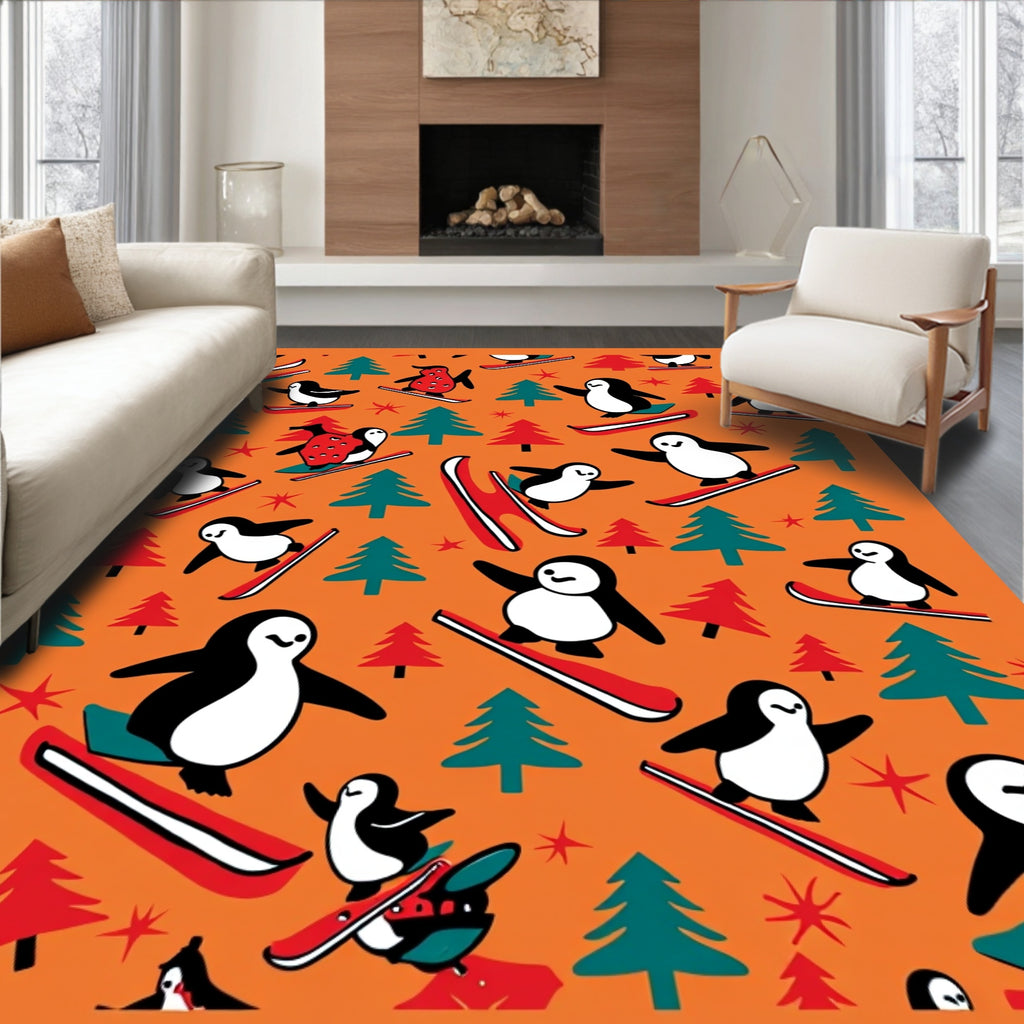 Whimsical Penguin Skiing Forest Orange Rug