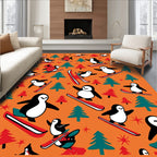 Whimsical Penguin Skiing Forest Orange Rug