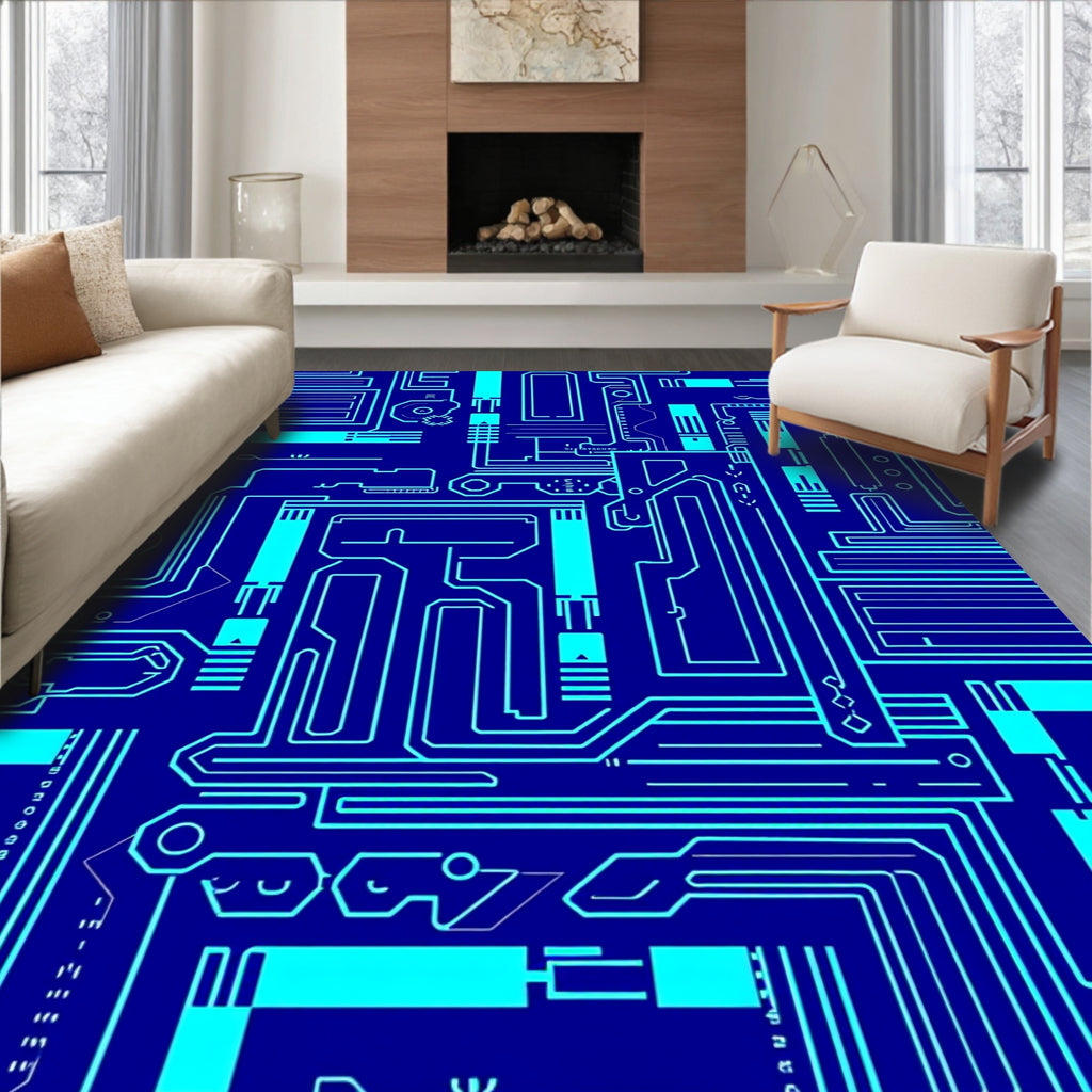 Electric Blue Circuit Board Lines Rug