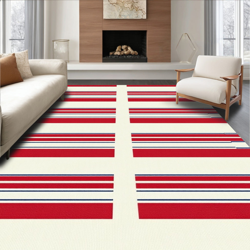 Cream Red Blue Linear Stripe Rectangles Rug