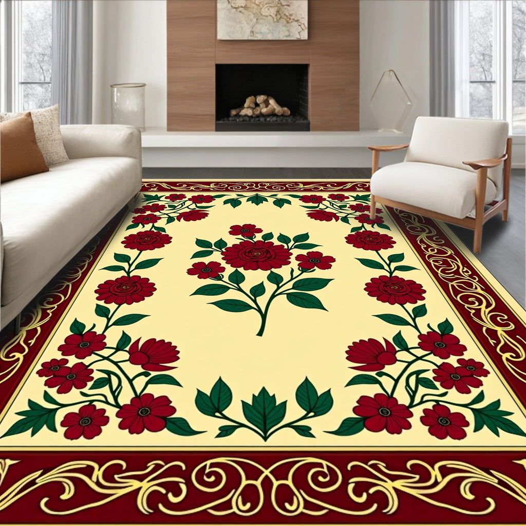 Rich Crimson Floral Border Cream Rug